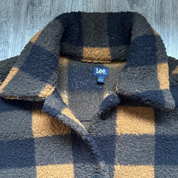 Lee Womens Button Front Sherpa Fleece Jacket Black Orange Plaid Size L - Picture 5 of 8